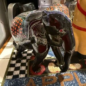 Artisan Black Elephant Figurine with Red and Orange Accents